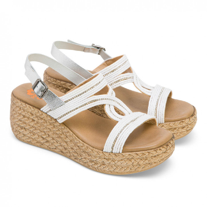 Sandalias cuña Porronet gala blanca y plateada con brillantes - Querol online