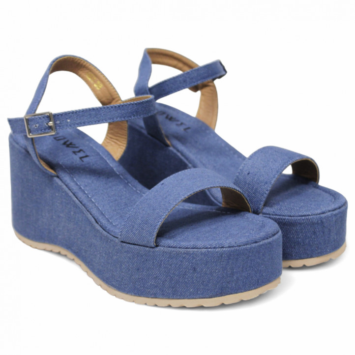 Sandalias cuña Owel Whangarei denim con plataforma y cogidas al tobillo - Querol online