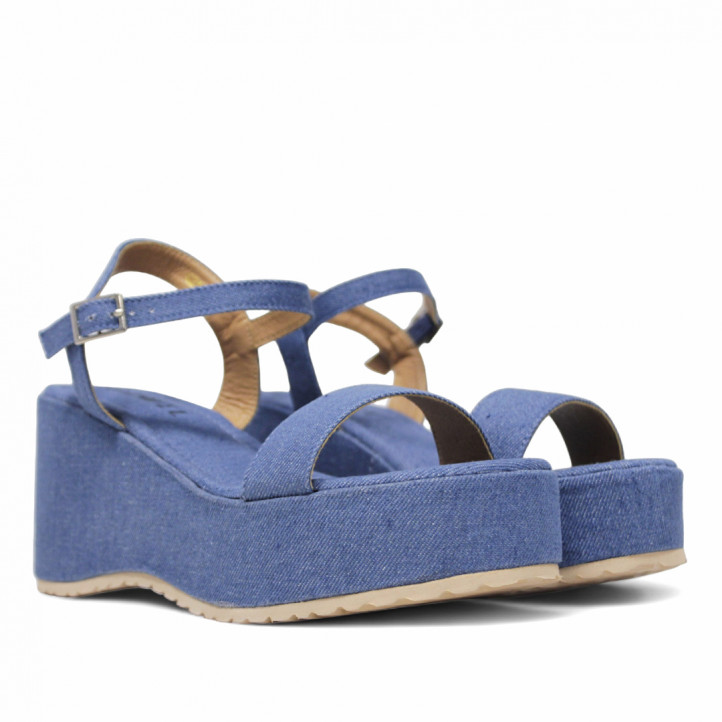 Sandalias cuña Owel Whangarei denim con plataforma y cogidas al tobillo - Querol online