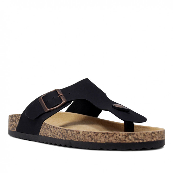 Sandalias planas Querol negras con hebilla ajustable y suela de corcho - Querol online