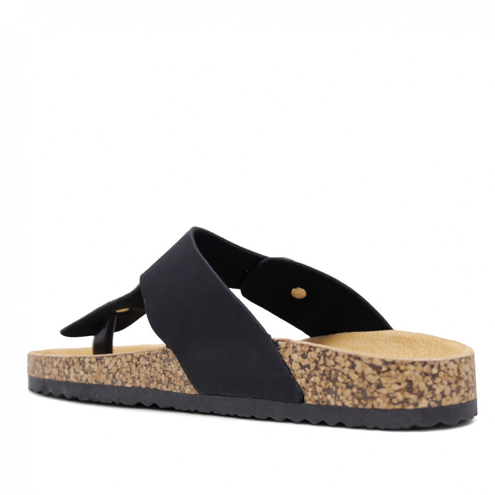 Sandalias planas Querol negras con hebilla ajustable y suela de corcho - Querol online