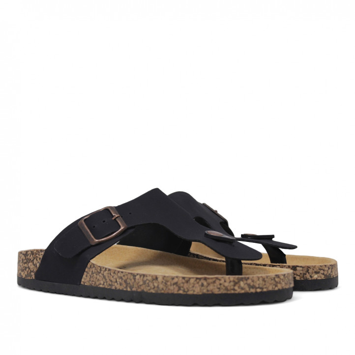 Sandalias planas Querol negras con hebilla ajustable y suela de corcho - Querol online