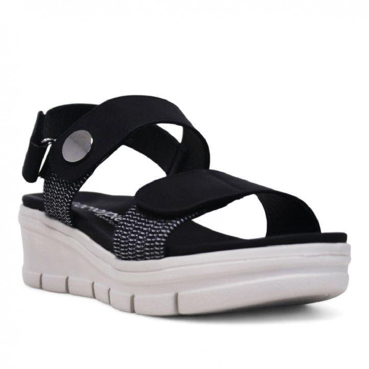 Sandalias cuña Amarpies negras con doble velcro y detalle metálico - Querol online