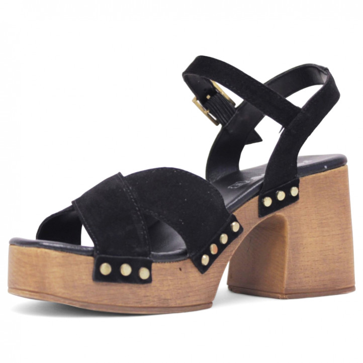 Sandalias tacón Redlove Julia negras con plataforma de madera y tiras cruzadas - Querol online