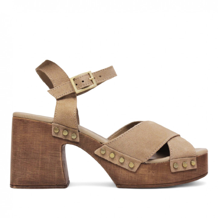 Sandalias tacón Redlove Julia marrones con plataforma de madera y tiras cruzadas - Querol online