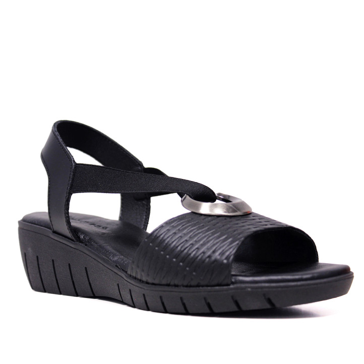 Sandalias cuña Suite009 en negro con argolla plateada y tiras elásticas - Querol online