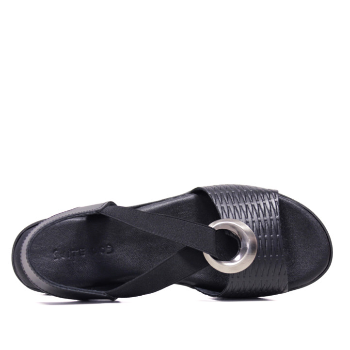 Sandalias cuña Suite009 en negro con argolla plateada y tiras elásticas - Querol online