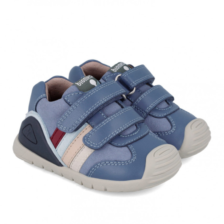 Sabates Biomecanics 241110 blaus respectuosos amb doble velcro i detall en granat - Querol online