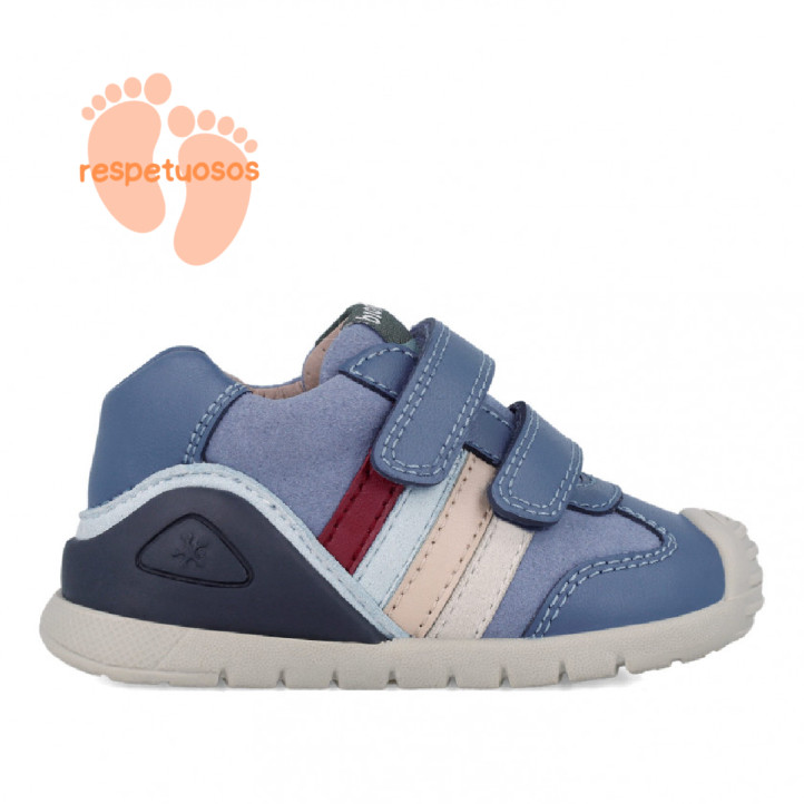 Zapatos Biomecanics 241110 azules respetuosos con doble velcro y detalle granate - Querol online