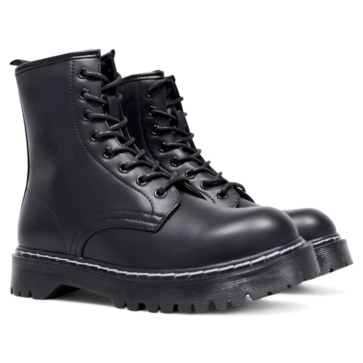 Botines planos negros estilo militar con pespunte blanco - Querol online