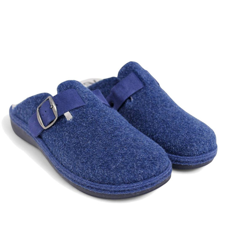 Zapatillas casa Salvi azules con hebilla lateral y borreguito interior - Querol online