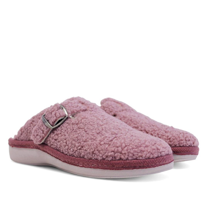 Zapatillas casa Salvi rosas con hebilla lateral y borreguito interior - Querol online