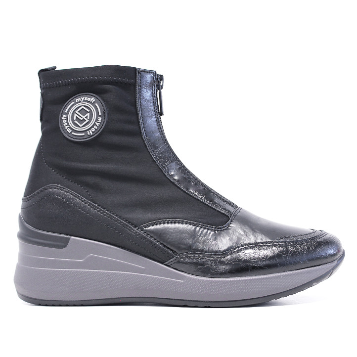 Botines tacón Mysoft negros con cremallera frontal y cuña en color gris - Querol online