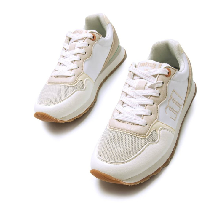 Zapatillas urban Mustang joggo classic blancas con detalles rosas, beige y azules - Querol online