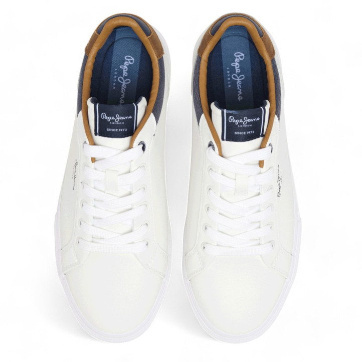 Zapatos sport Pepe Jeans kenton court blancos con detalles azules y marrones - Querol online