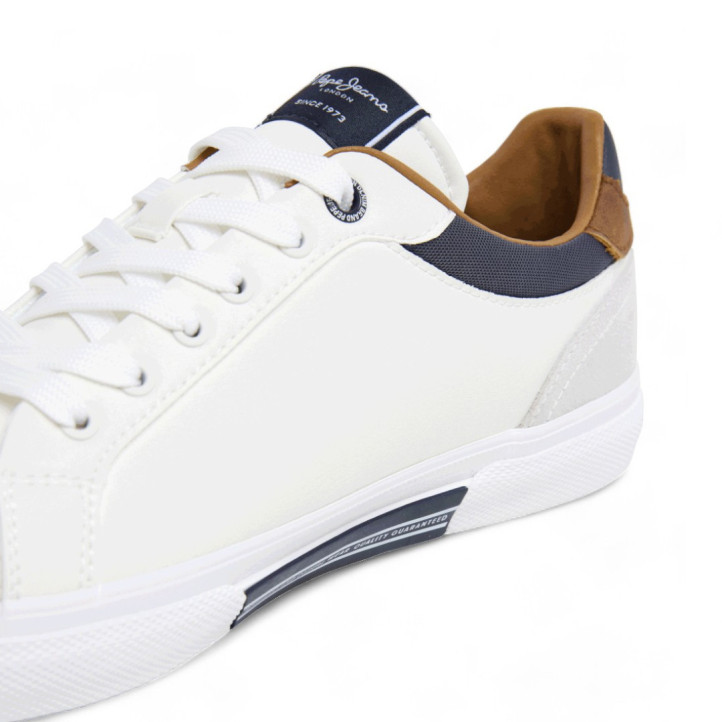 Zapatos sport Pepe Jeans kenton court blancos con detalles azules y marrones - Querol online