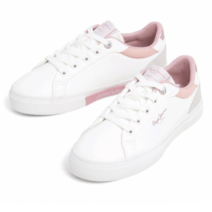 Zapatillas deporte Pepe Jeans kenton court blancas con detalles rosas y grises para niña - Querol online