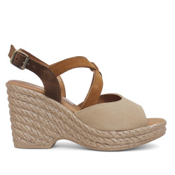 Sandalias cuña Redlove alejandra beig con tiras cruzadas marrones de piel - Querol online