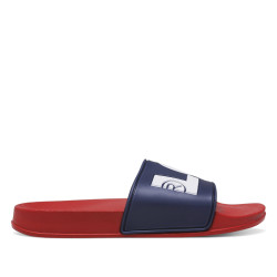chanclas Levi's june l azules con suela roja y letras blancas