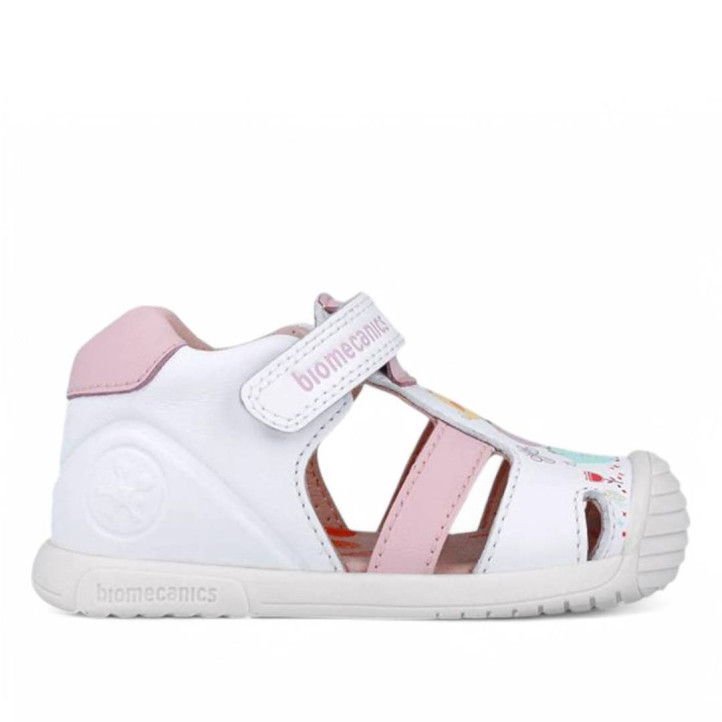 Zapatos Biomecanics 252106 blancos con tira rosa y dibujo de pollitos - Querol online