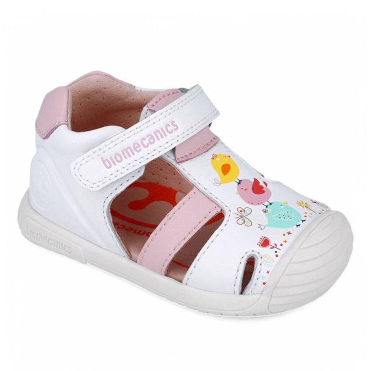 Zapatos Biomecanics 252106 blancos con tira rosa y dibujo de pollitos - Querol online