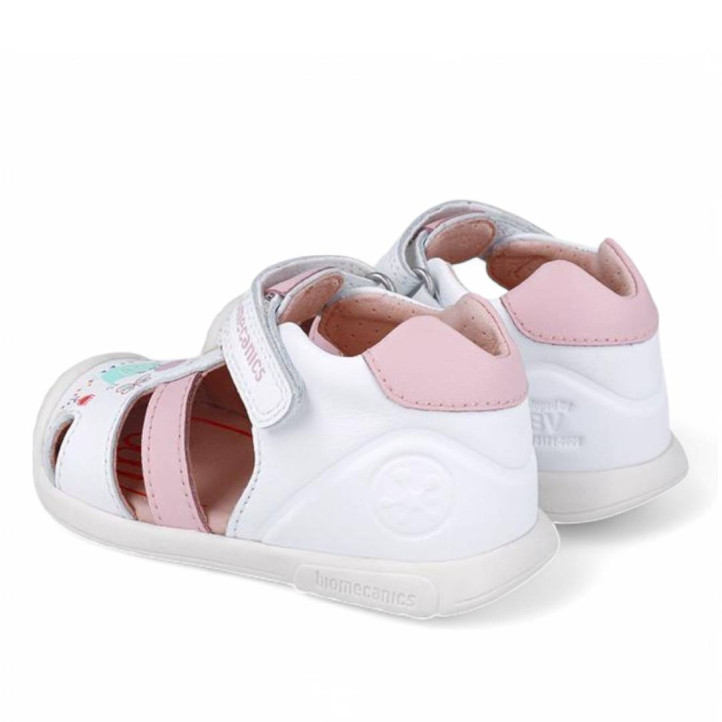 Zapatos Biomecanics 252106 blancos con tira rosa y dibujo de pollitos - Querol online