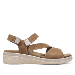 Sandalias cuña Treintas marrones de piel con tira cruzada en el empeine y cierre de velcro - Querol online