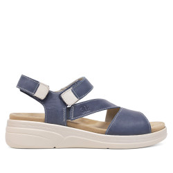 Sandalias cuña Treintas azules de piel con tira cruzada en el empeine y cierre de velcro - Querol online