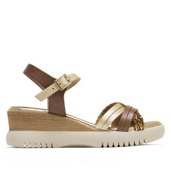SANDALIA DE CUÑA DE PIEL DE TIRAS MOKA ORO BERTA PORRONET - Querol online