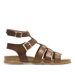 SANDALIA PLANA ROMANA BIO TACHUELAS DE PIEL MOKA SOFÍA PORRONET - Querol online
