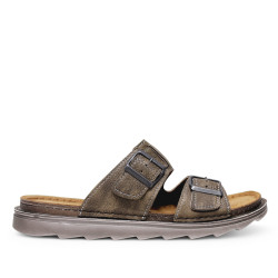 Sandalias In Blu marrones con doble hebilla con pespunte blanco y suela dentada - Querol online