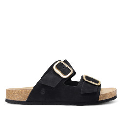 Sandalias planas Yokono jerba negras con hebillas doradas tipo bio - Querol online