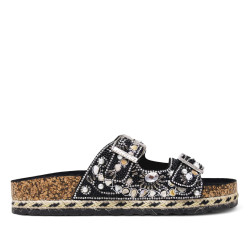 Sandalias planas negras con cuentas y abalorios de cierre con hebillas estilo bio - Querol online