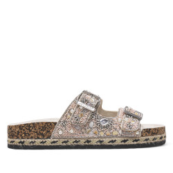 Sandalias planas Isteria taupe con cuentas y abalorios de cierre con hebillas estilo bio - Querol online