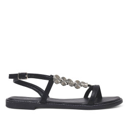 Sandalias planas negras de dedo con detalles de medallas metálicas - Querol online