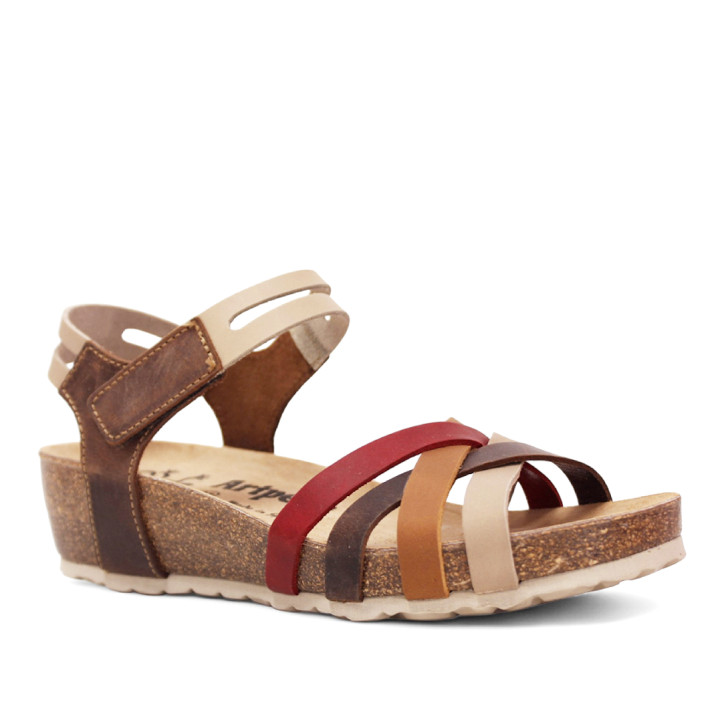 Sandalias cuña marrones con tiras en tonos tierra y cierre de velcro de piel - Querol online