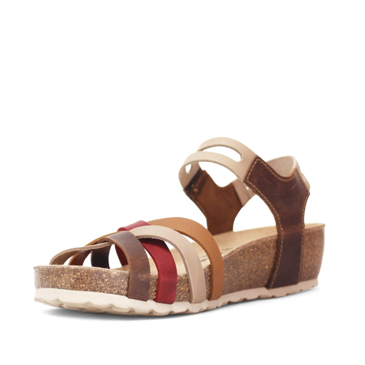 Sandalias cuña marrones con tiras en tonos tierra y cierre de velcro de piel - Querol online