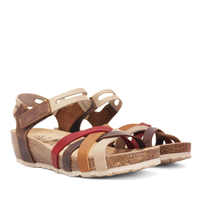Sandalias cuña marrones con tiras en tonos tierra y cierre de velcro de piel - Querol online