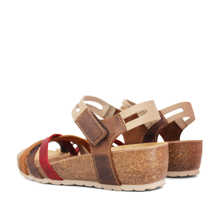 Sandalias cuña marrones con tiras en tonos tierra y cierre de velcro de piel - Querol online