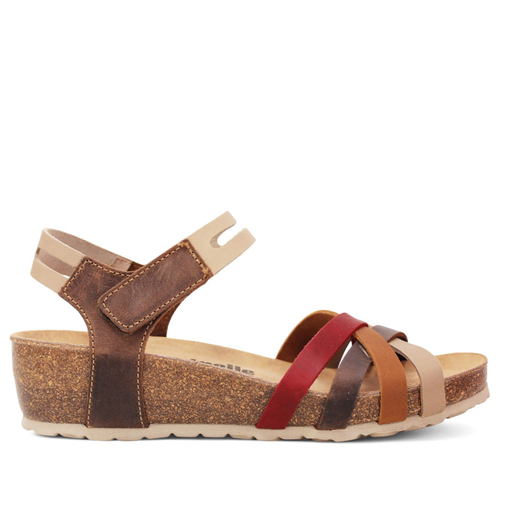Sandalias cuña marrones con tiras en tonos tierra y cierre de velcro de piel - Querol online