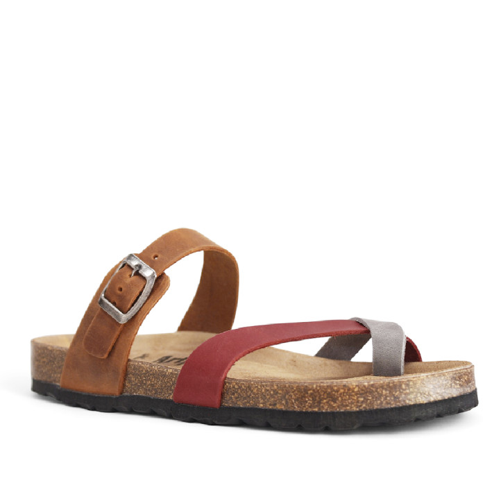 Sandalias planas marrones y rojas con ajuste con hebilla de piel - Querol online
