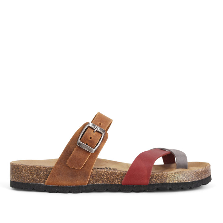 Sandalias planas marrones y rojas con ajuste con hebilla de piel - Querol online