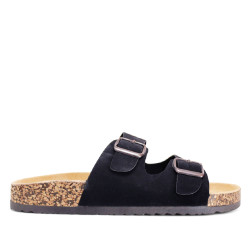 Sandalias planas Stay negras estilo bio con doble hebilla plateada y suela efecto corcho - Querol online