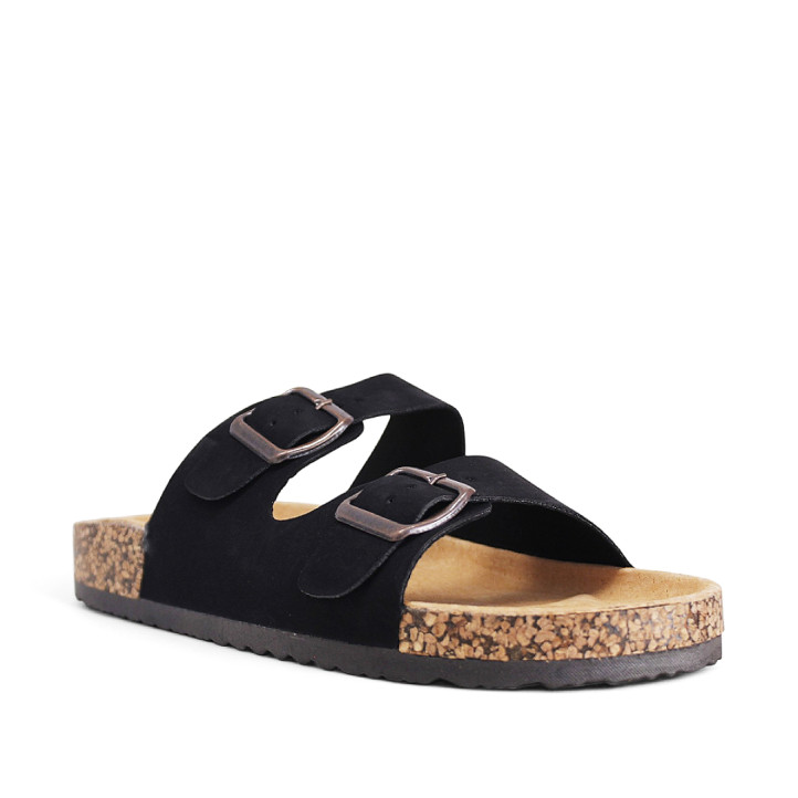 Sandalias planas Stay negras estilo bio con doble hebilla plateada y suela efecto corcho - Querol online