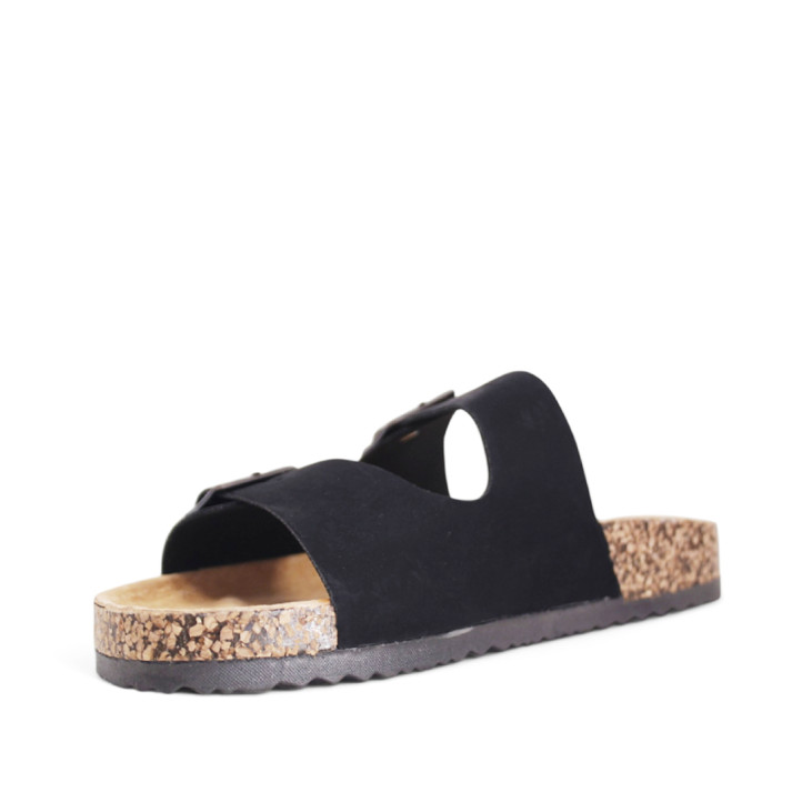 Sandalias planas Stay negras estilo bio con doble hebilla plateada y suela efecto corcho - Querol online