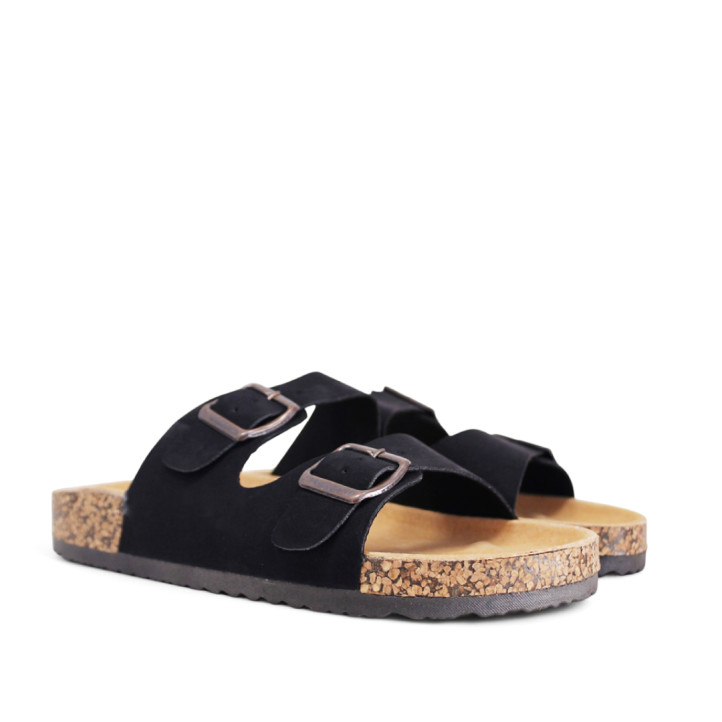 Sandalias planas Stay negras estilo bio con doble hebilla plateada y suela efecto corcho - Querol online