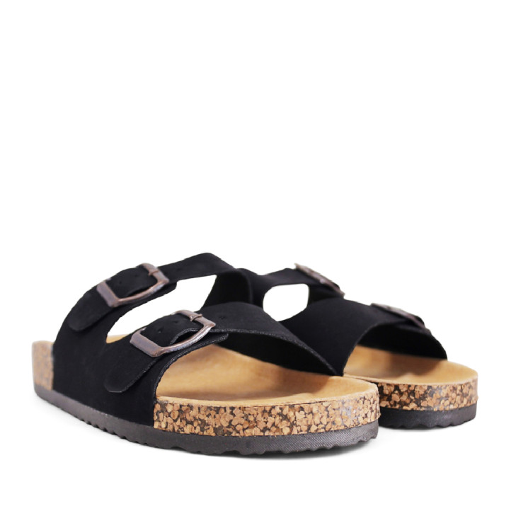 Sandalias planas Stay negras estilo bio con doble hebilla plateada y suela efecto corcho - Querol online