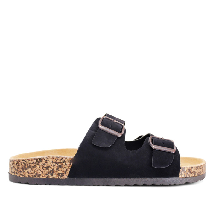 Sandalias planas Stay negras estilo bio con doble hebilla plateada y suela efecto corcho - Querol online