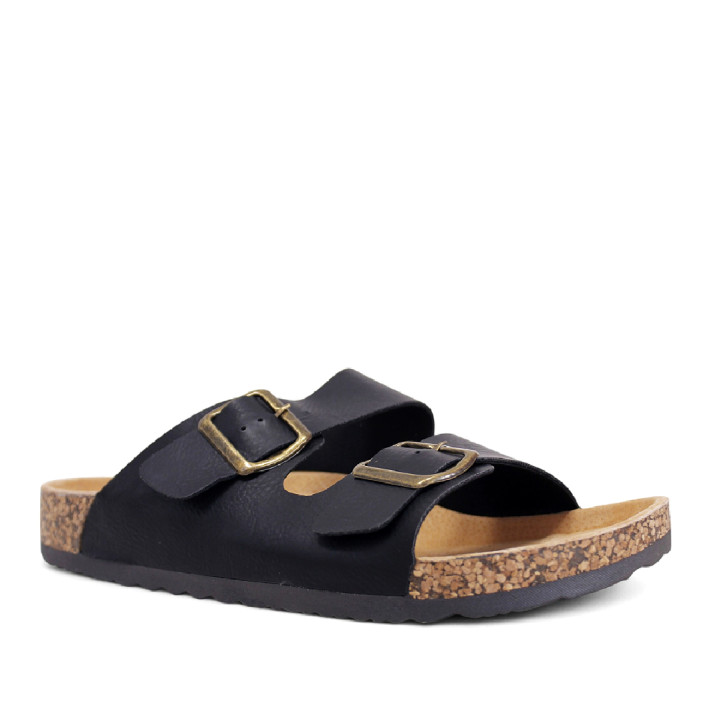 Sandalias negras estilo bio con doble hebilla dorada y suela efecto corcho - Querol online