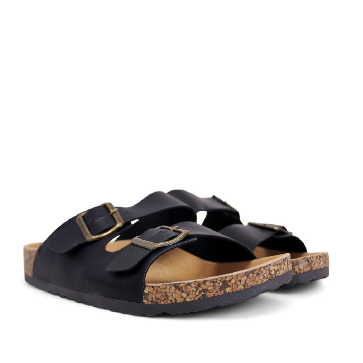 Sandalias negras estilo bio con doble hebilla dorada y suela efecto corcho - Querol online